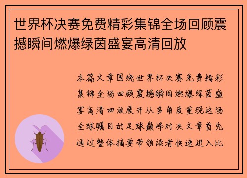 世界杯决赛免费精彩集锦全场回顾震撼瞬间燃爆绿茵盛宴高清回放